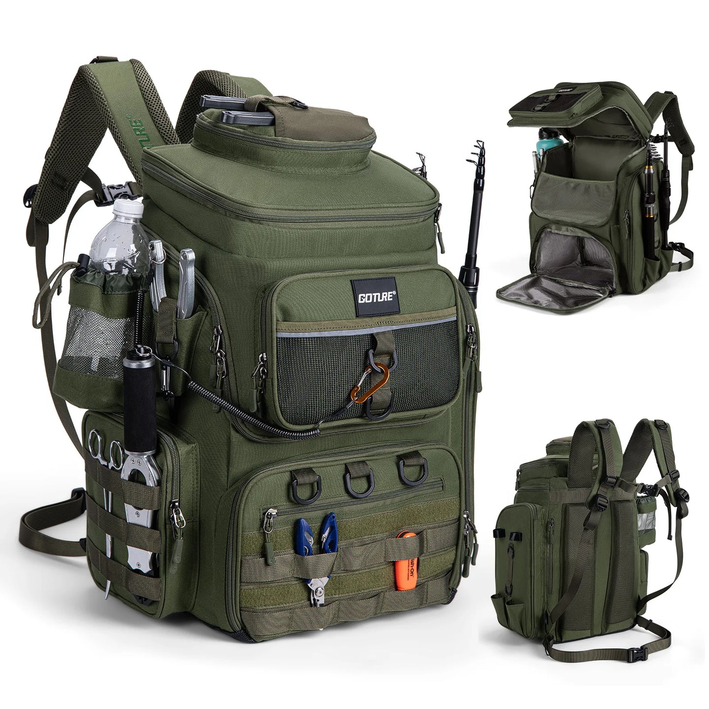 55L Large Fishing Backpack, Waterproof Non-Slip Bottom, Adjustable Compartment Rod Holders for Professional Anglers