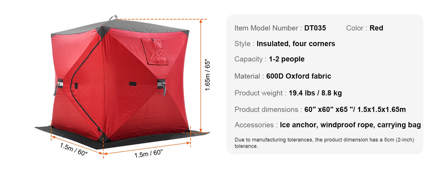 Portable Ice Shelter 1-2 Person Fishing Tent Ice Shanty for Winter Fishing Waterproof Ice Cube with Anchors Carry Bag