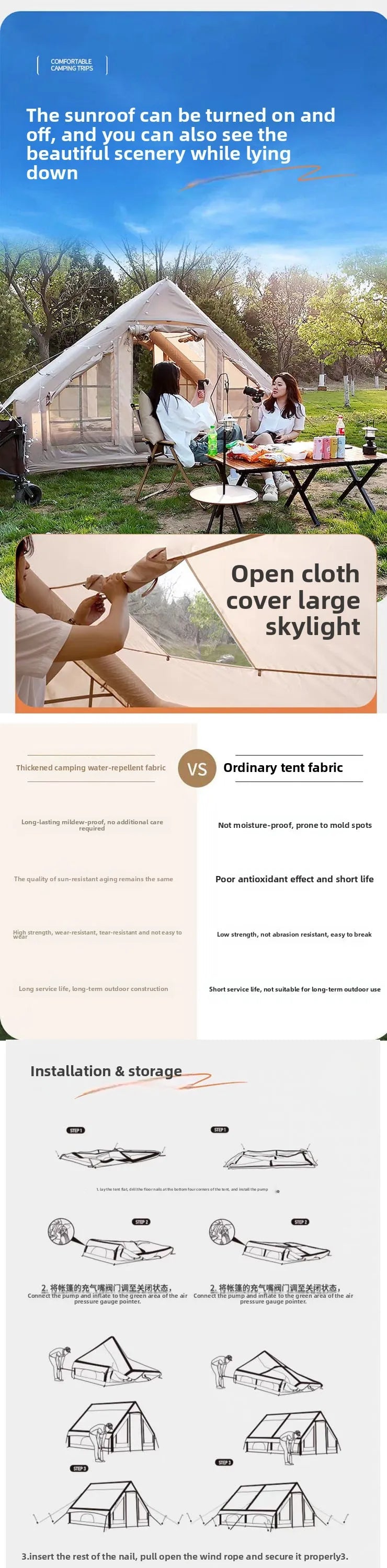Inflatable tent camping for 1-6 people, hand pump with skylight and chimney waterproof oxford cloth all