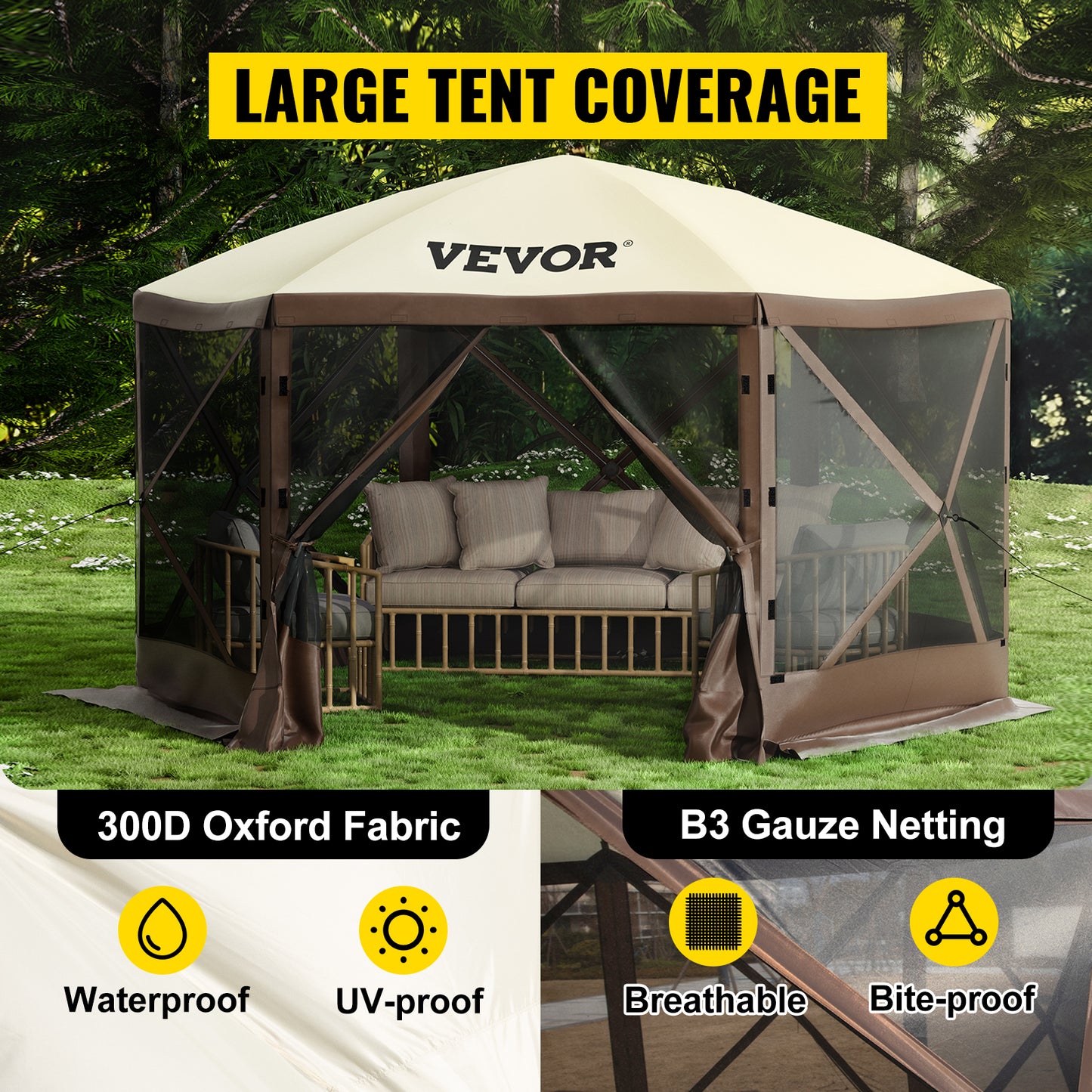 Pop-up Camping Gazebo Camping Canopy Shelter 6 Sided 12' x 12' / 10' x 10' Sun Shade Tents & Canopies Camping & Hiking