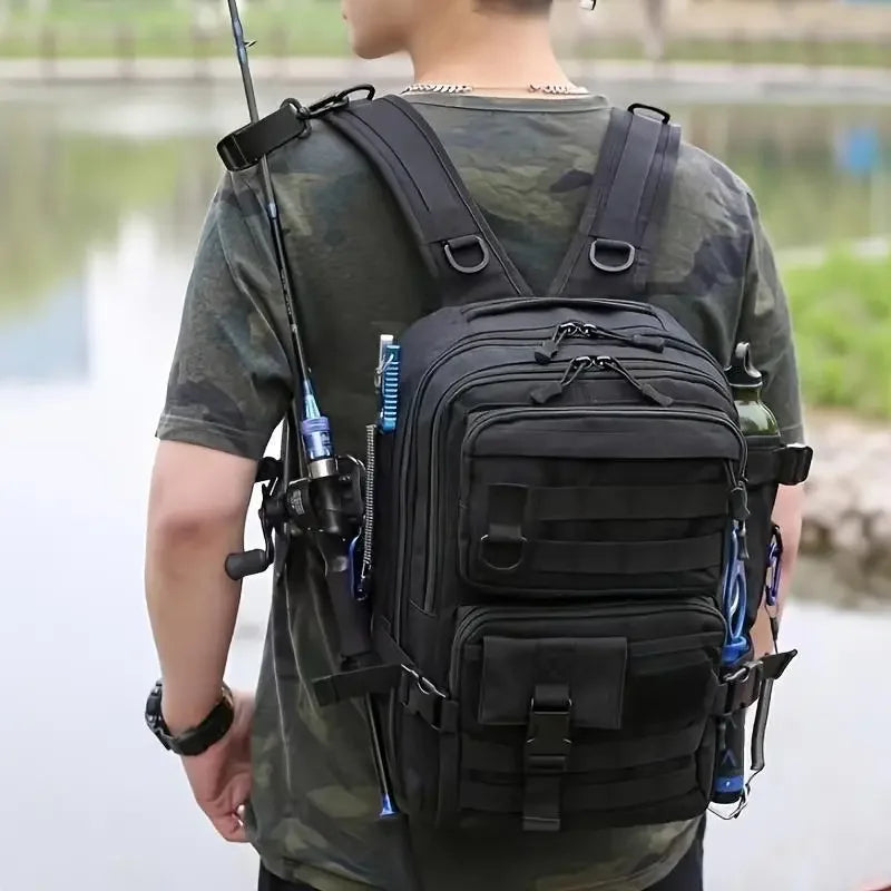 1000D Nylon Waterproof Fishing Backpack Fishing Tackle Storage Bag Double Shoulder Sling Bag for Outdoor Fishing Hunting Hiking