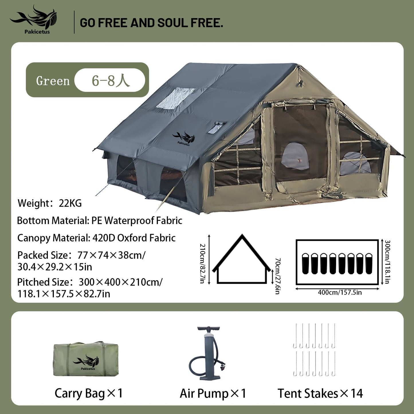 Inflatable camping tent 4-8 people with windows