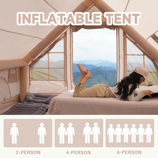 Inflatable Tent With Skylight, Quick Setup Blow Up Tents With Pump, 4-6 PersonOutdoor Family Luxury Tent