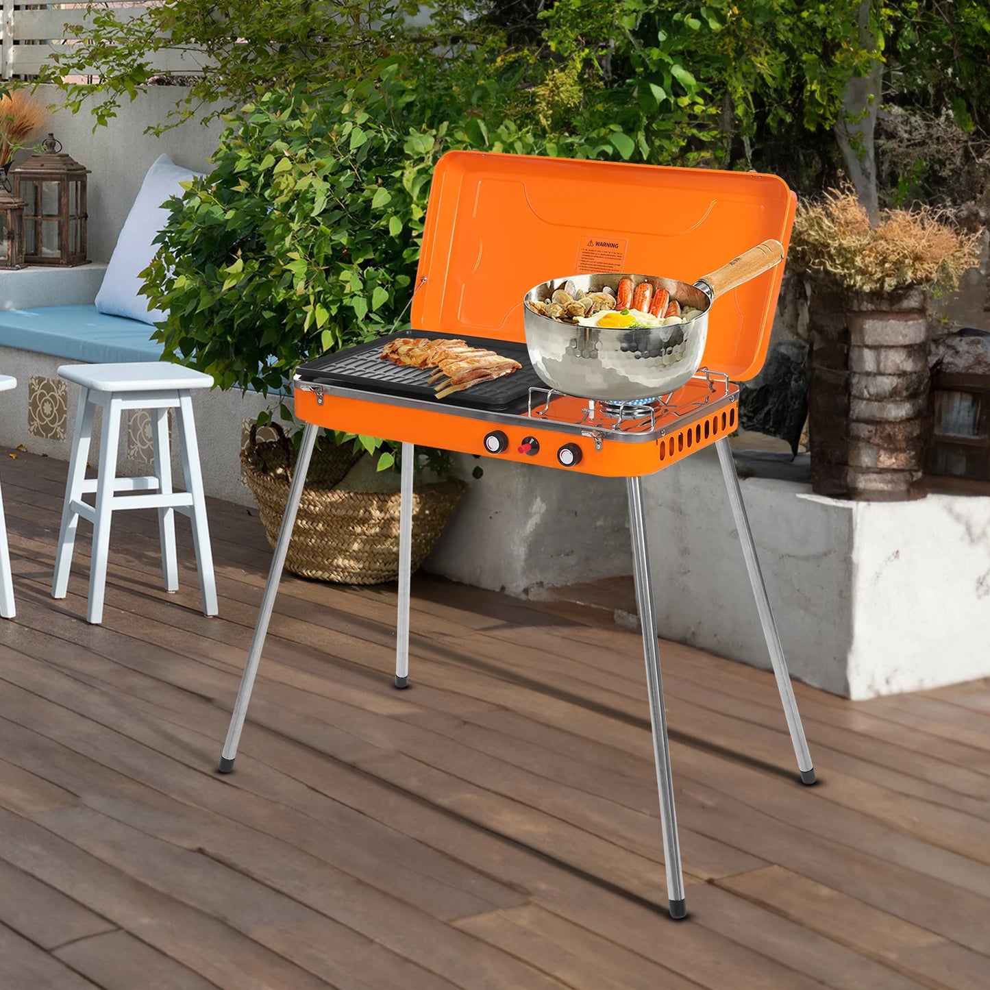 Dual-Burner Camping Stove, Portable Gas Grill Cooker, 5860 BTU x 2 with Grill Pan & Adjustable Legs for Outdoor Cooking