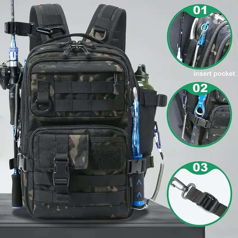 1000D Nylon Waterproof Fishing Backpack Fishing Tackle Storage Bag Double Shoulder Sling Bag for Outdoor Fishing Hunting Hiking