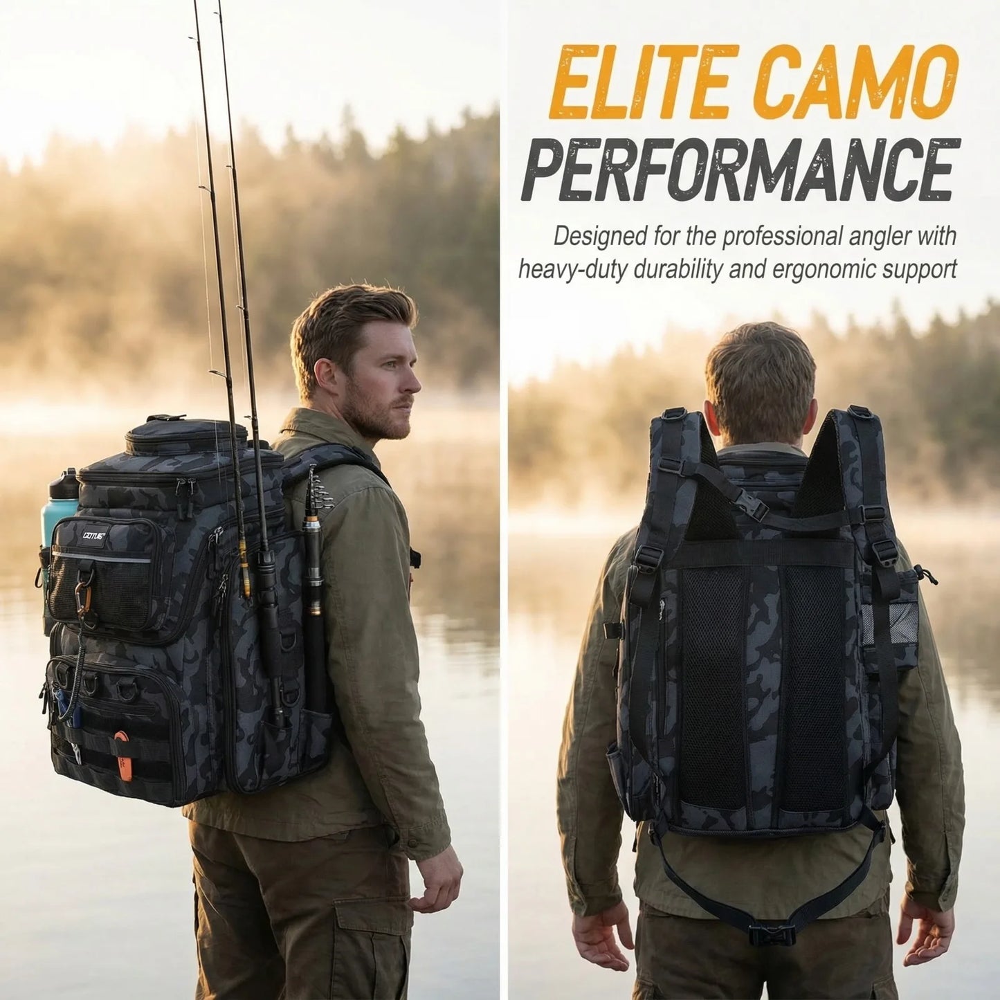 55L Large Fishing Backpack, Waterproof Non-Slip Bottom, Adjustable Compartment Rod Holders for Professional Anglers