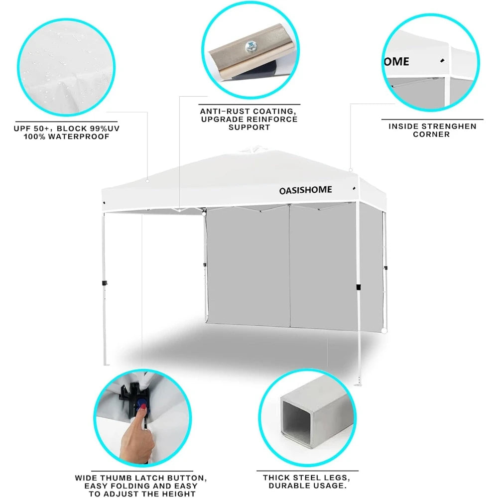 10x10 Pop Up Canopy Tent with Side Wall, Instant Portable Gazebo for Outdoor Beach Patio Wedding & Commercial Events, White