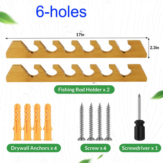 1 pair Wood Fishing Rod Holder 6 Holes Rods Wall Storage Bracket Horizontal Fishing Pole Display Rack Tool