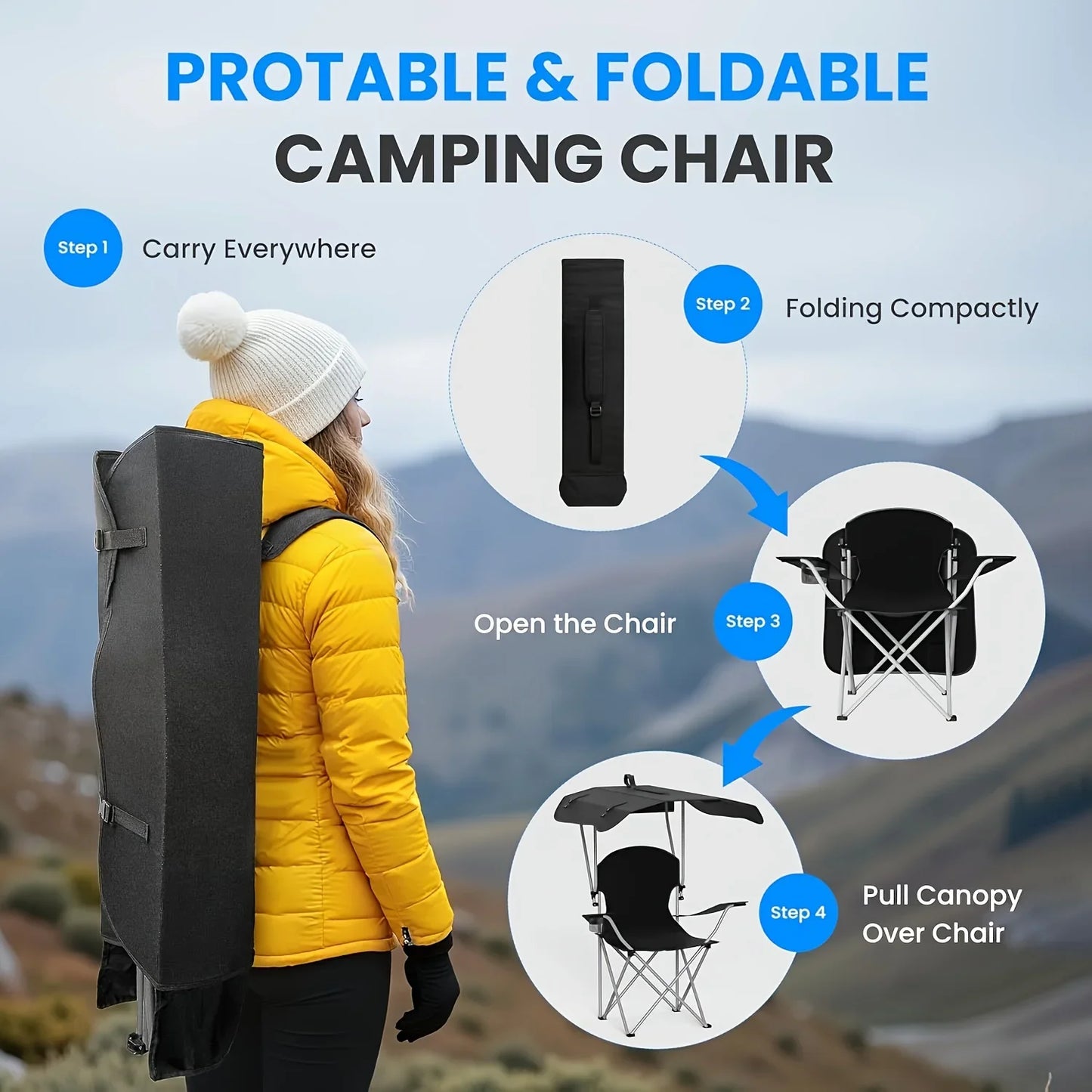 Portable folding fishing chair with sunshade - equipped with cup holder, portable and lightweight design