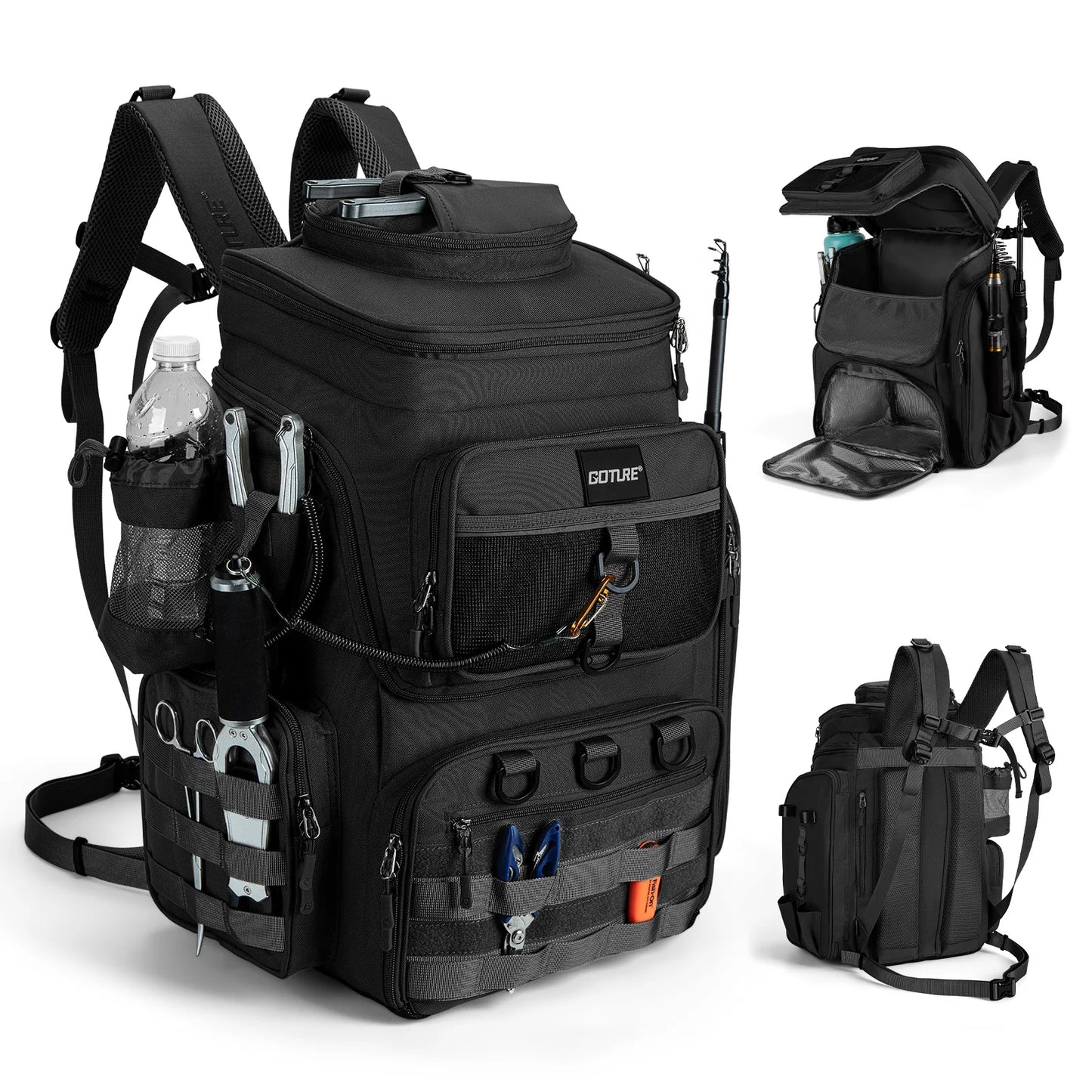 55L Large Fishing Backpack, Waterproof Non-Slip Bottom, Adjustable Compartment Rod Holders for Professional Anglers