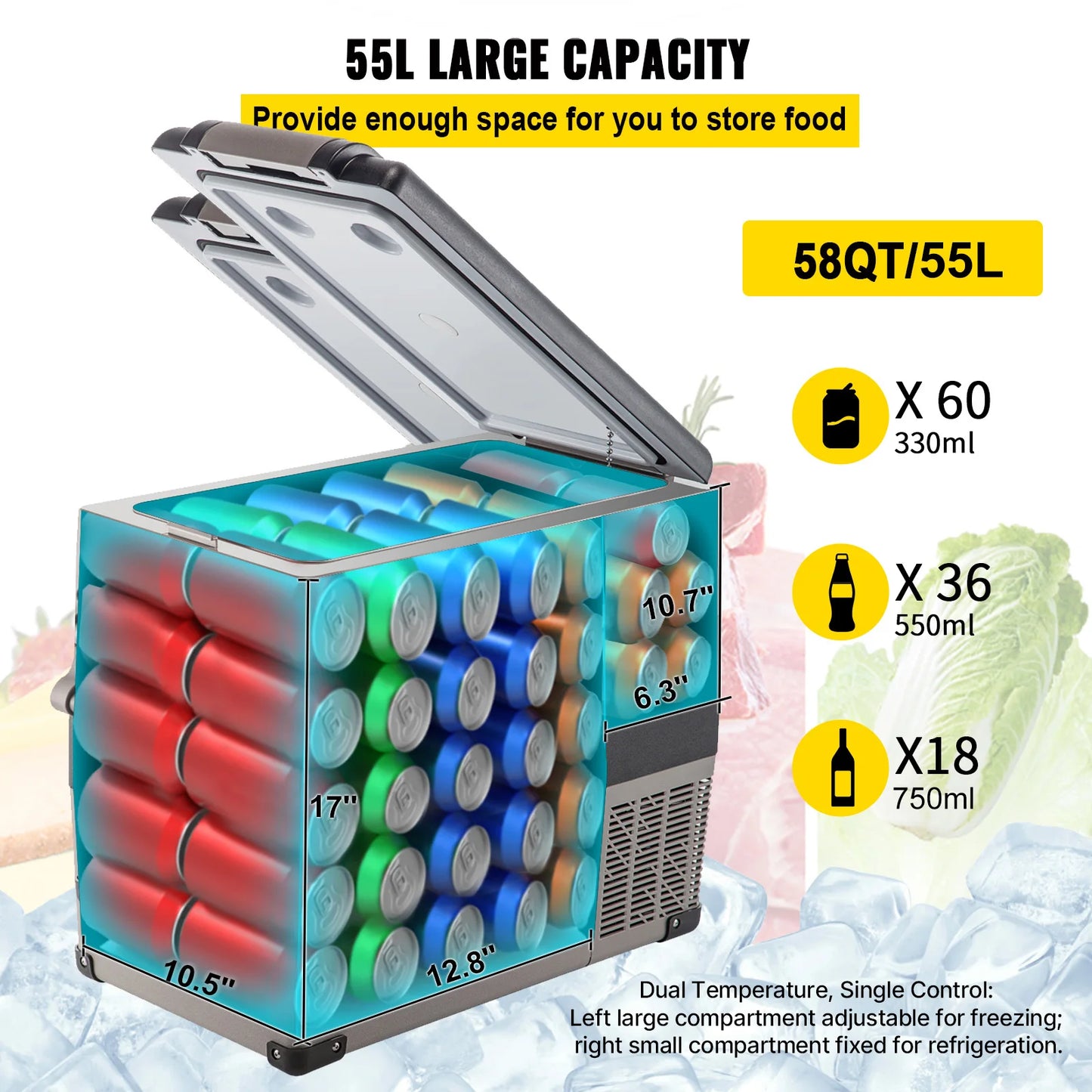 55L Car Refrigerator Mini Fridge Freezer Portable Compressor Cooler DC 110-240V Ice Box for Camping Picnic
