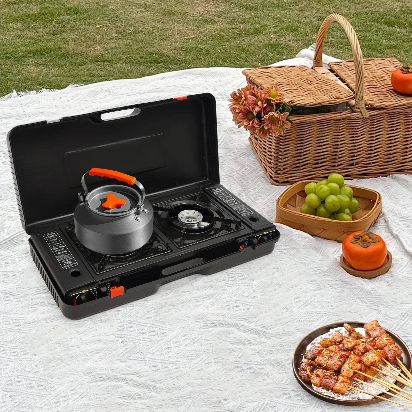2500W Portable Camping Stove 2 Burners Camping Stove with Baking Tray&Portable Case use  Butane or LPG Home Application Outdoor