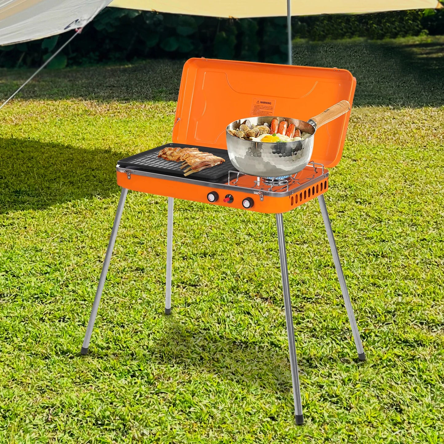 Dual-Burner Camping Stove, Portable Gas Grill Cooker, 5860 BTU x 2 with Grill Pan & Adjustable Legs for Outdoor Cooking