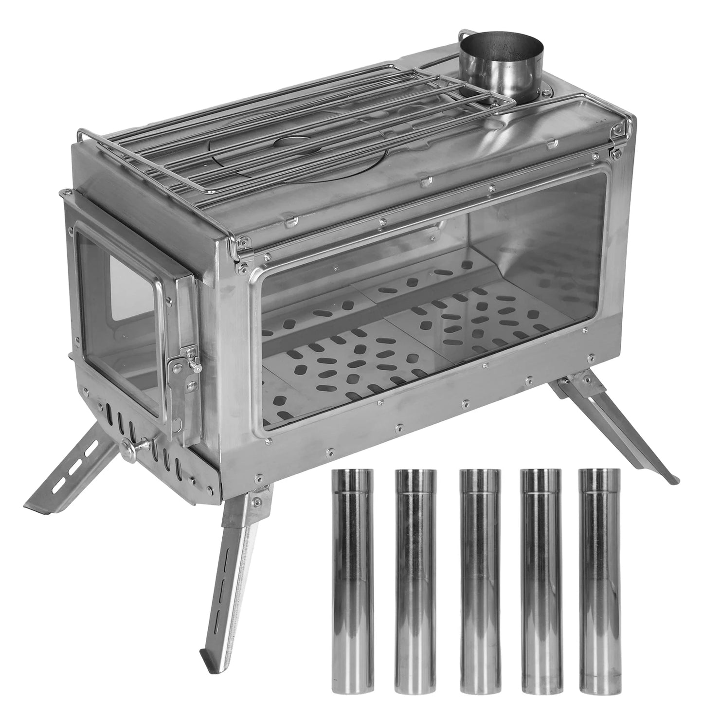 Large Tent Wood Stove with Full Chimney Pipe Set 304 Stainless Steel Fire Viewing Stove for Camping Tents Shelters Outdoor Heat