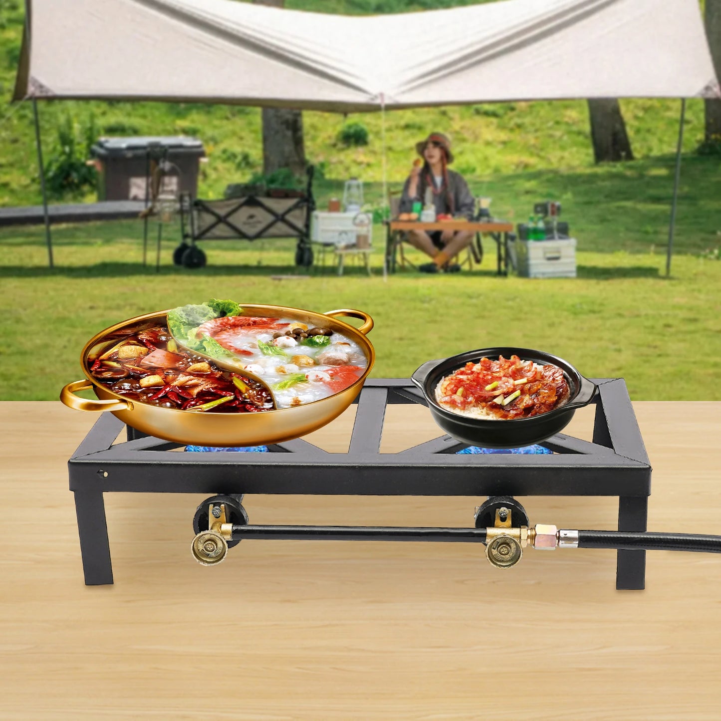 Portable Camping Gas Stove Outdoor Double Burner with Adjustable 0-10Psi Regulator Hose