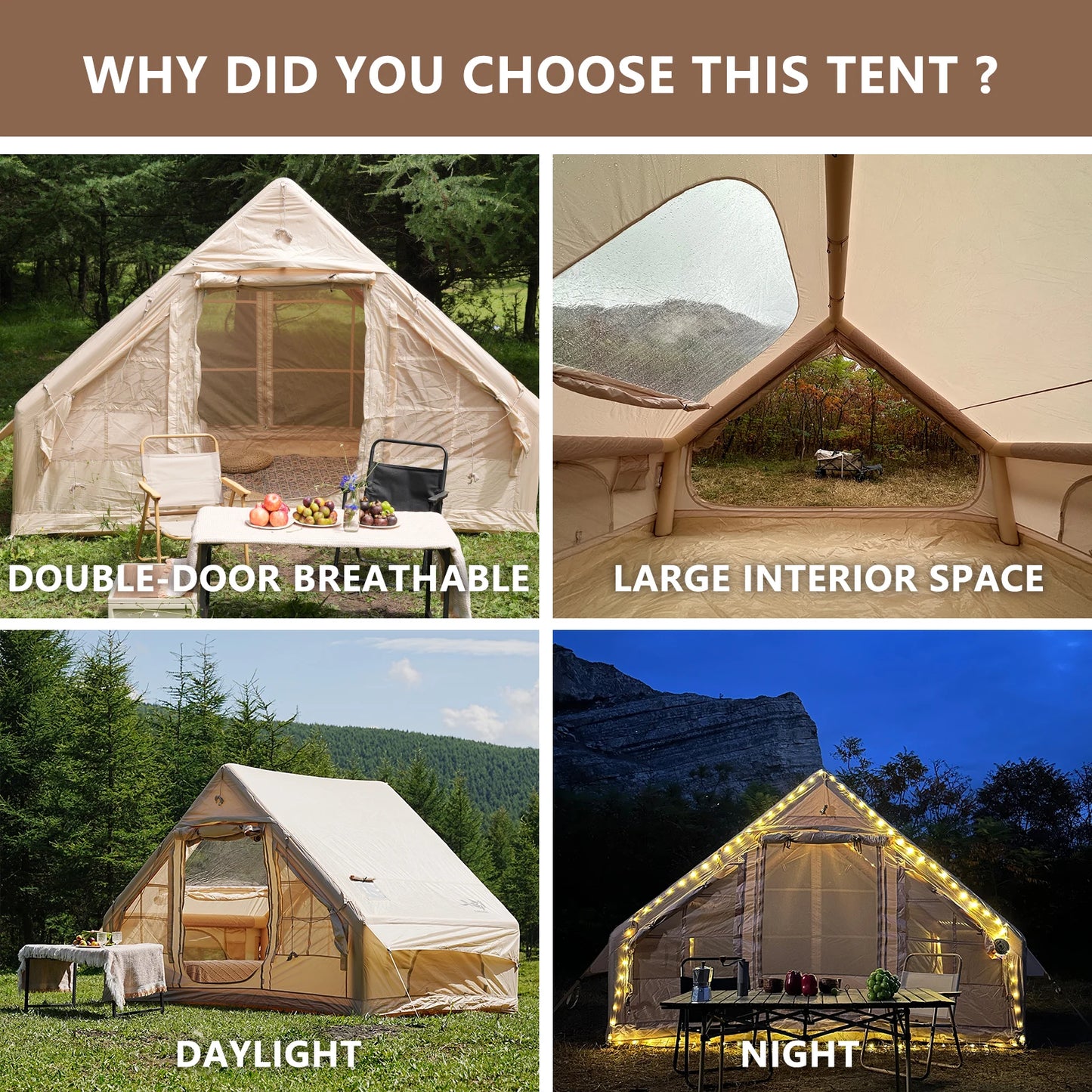 Inflatable Tent With Skylight, Quick Setup Blow Up Tents With Pump, 4-6 PersonOutdoor Family Luxury Tent
