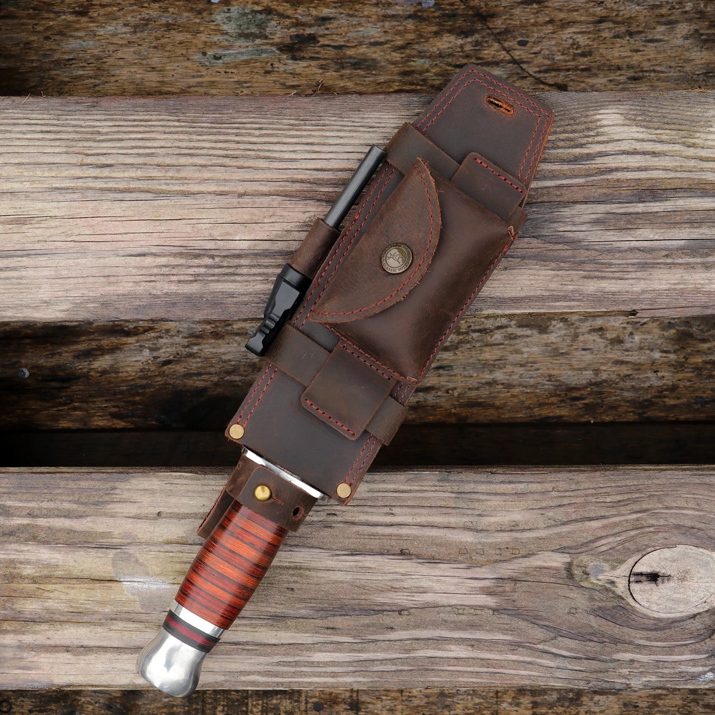 Tourbon Leather Multipurpose Fixed Blade Knife Sheath Cover with Fire Starter Slot a Small Pocket for Belt (without knives)