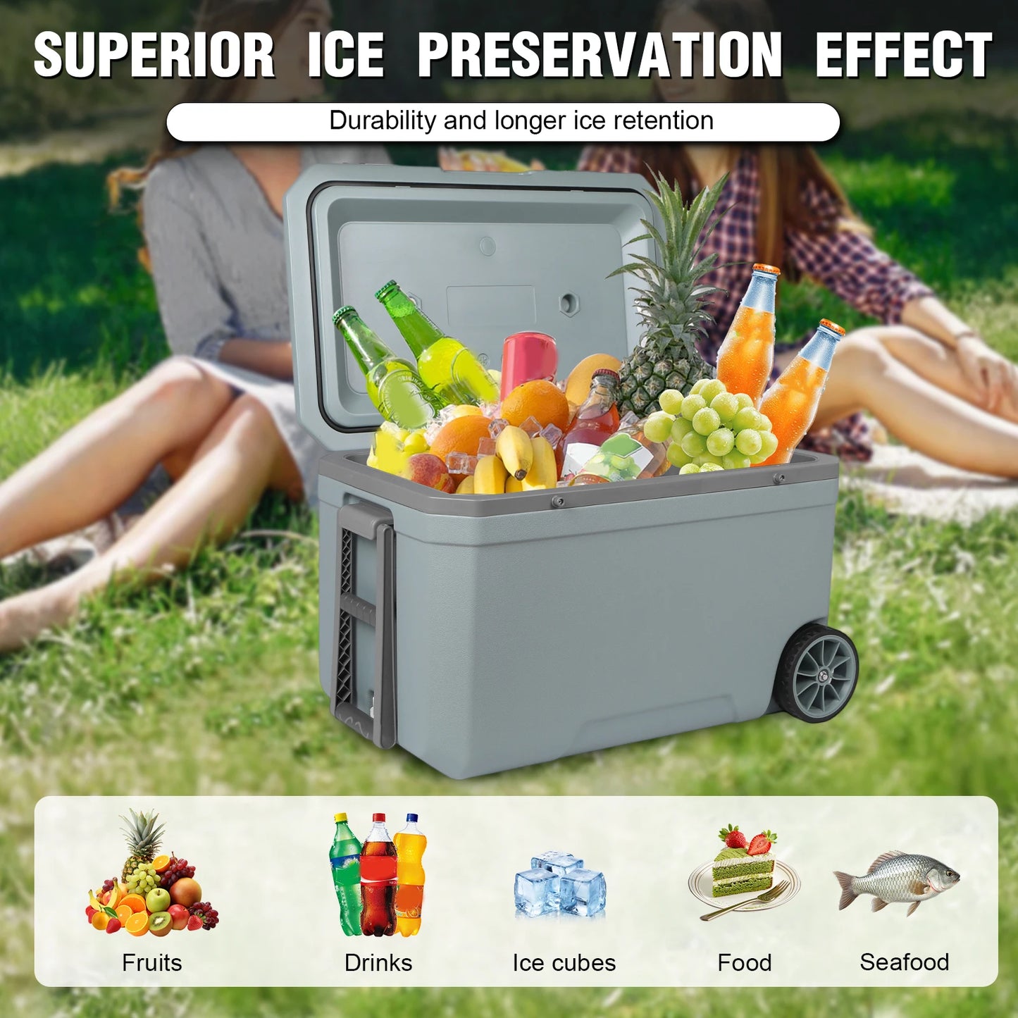 70L Wheeled Cooler 30 Percent Lighter Than Rotomolded Camping Cooler with Handle for Beach Drink Beverage Camping Picnic Fishing