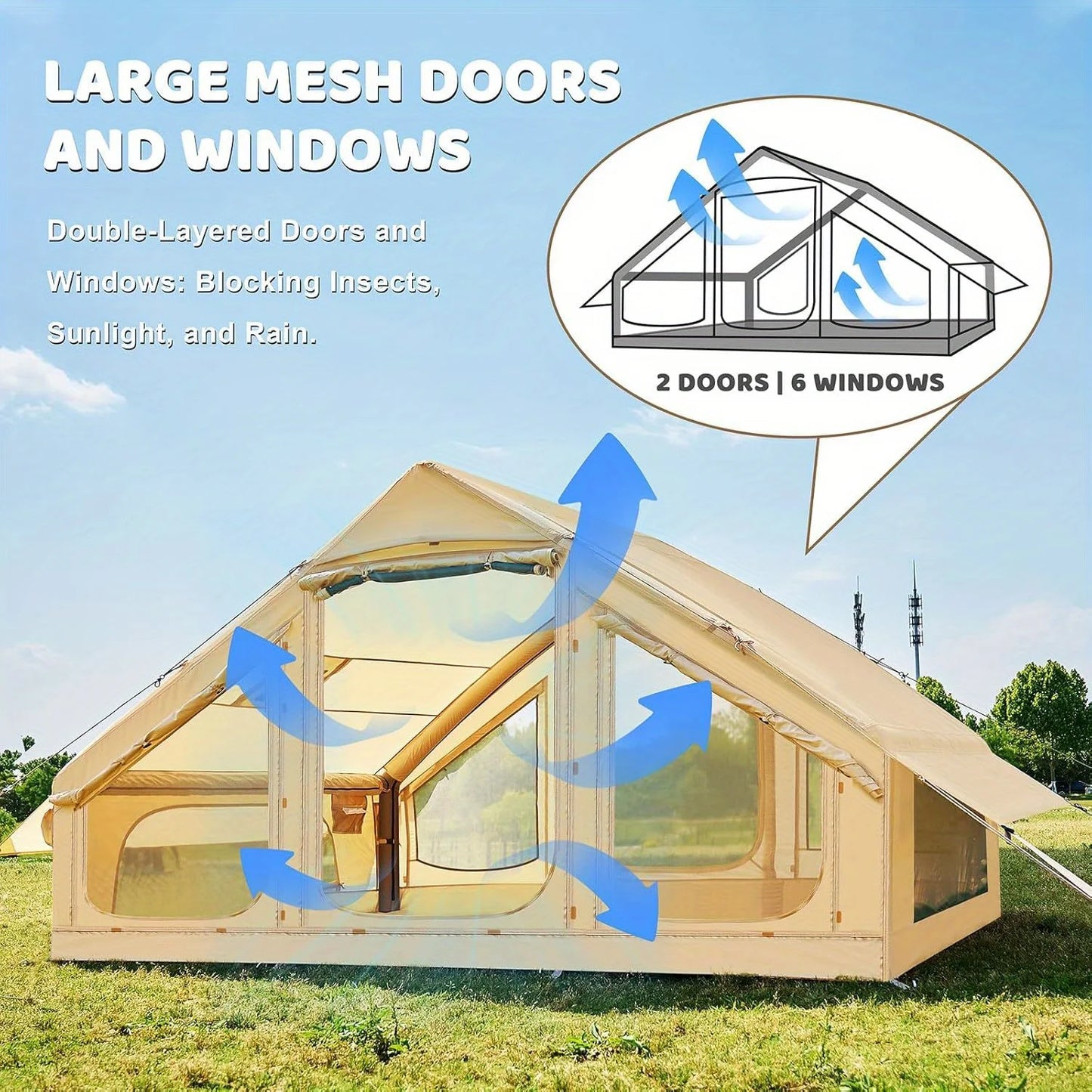Inflatable tent camping for 1-6 people, hand pump with skylight and chimney waterproof oxford cloth all