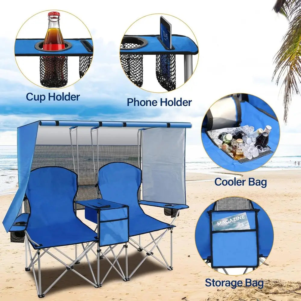 Double Camping Chair, Two Person Folding Loveseat with Shade, Heavy Duty Beach Chair with Cooler Bag, Cup Holder, Fishing, Sport