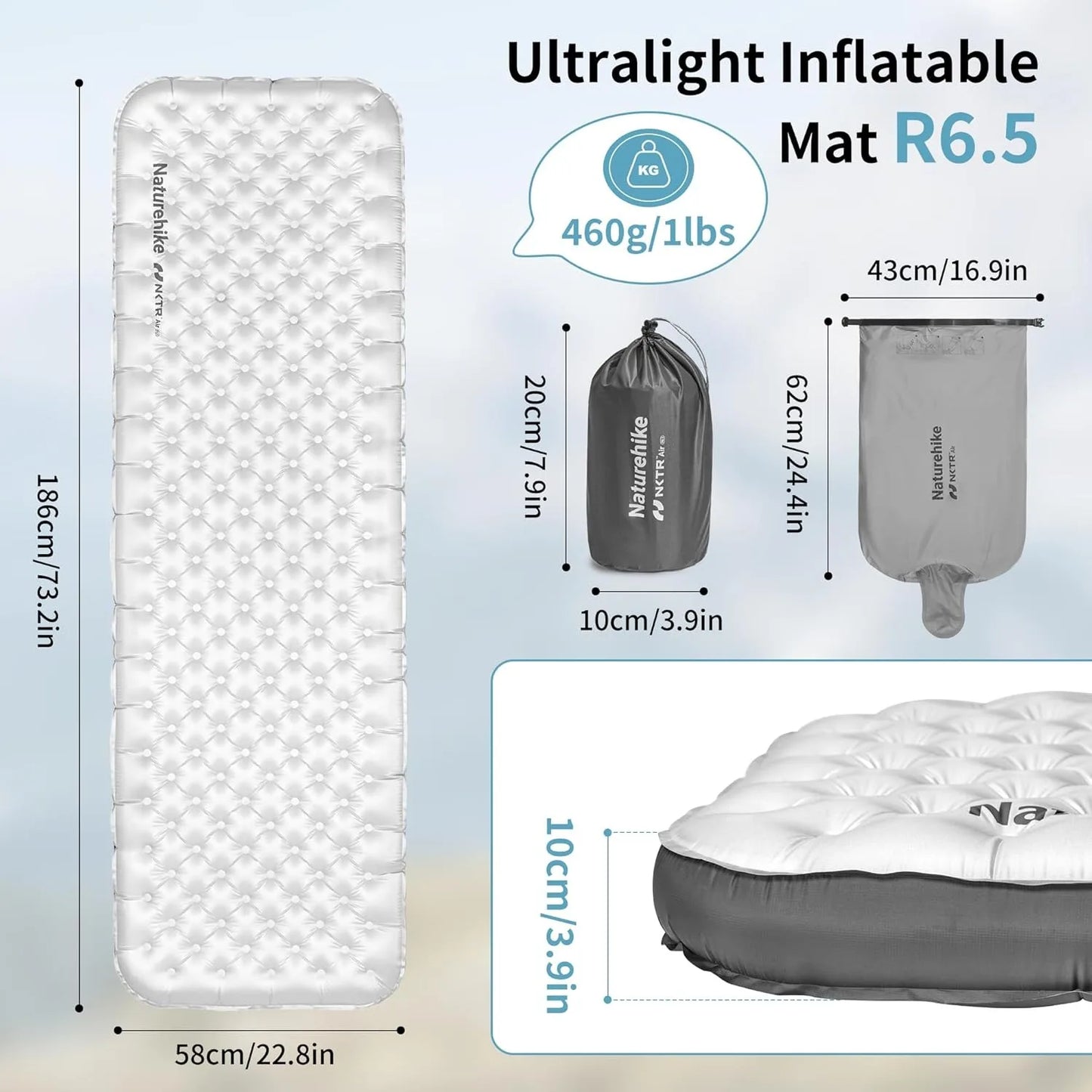 R6.5 Air Mattress 10cm Thickened Ultralight Sleeping Pad for Camping Hiking Warm Portable Outdoor Inflatable Mattress
