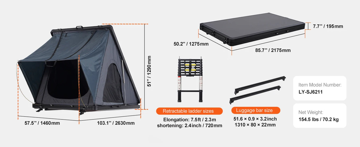 Rooftop Tent Hard Shell Roof Top with Telescopic Ladder Thick Mattress Waterproof Windproof for Jeep Van Pickup Truck