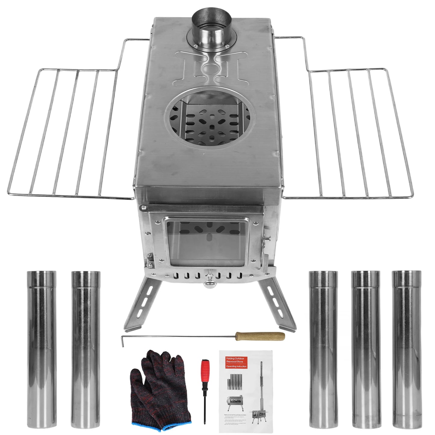 Large Tent Wood Stove with Full Chimney Pipe Set 304 Stainless Steel Fire Viewing Stove for Camping Tents Shelters Outdoor Heat