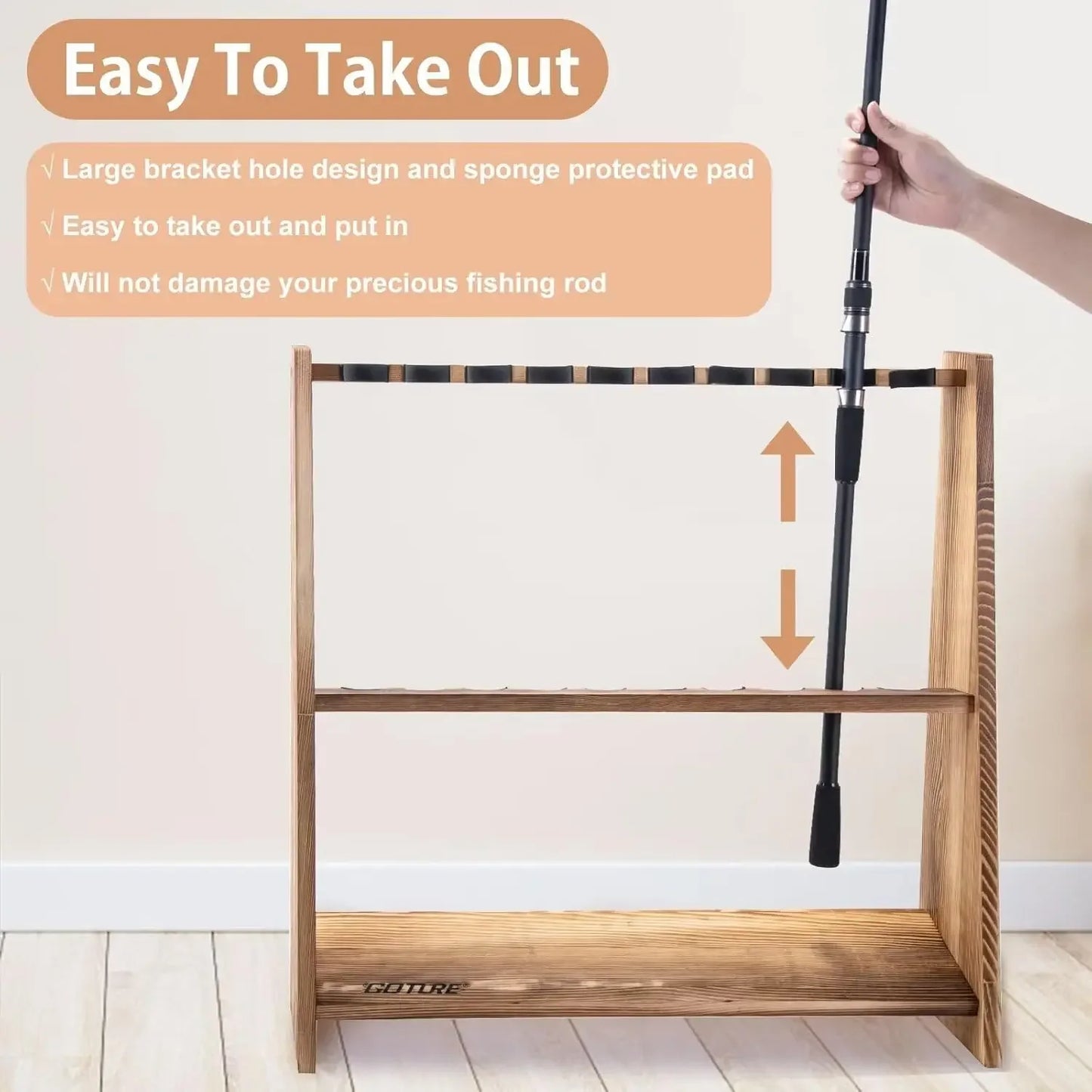 Pine Wood Fishing Rod Holder 10 Capacity Easy To Assemble Removable Fishing Pole Storage Organizer Display Stand