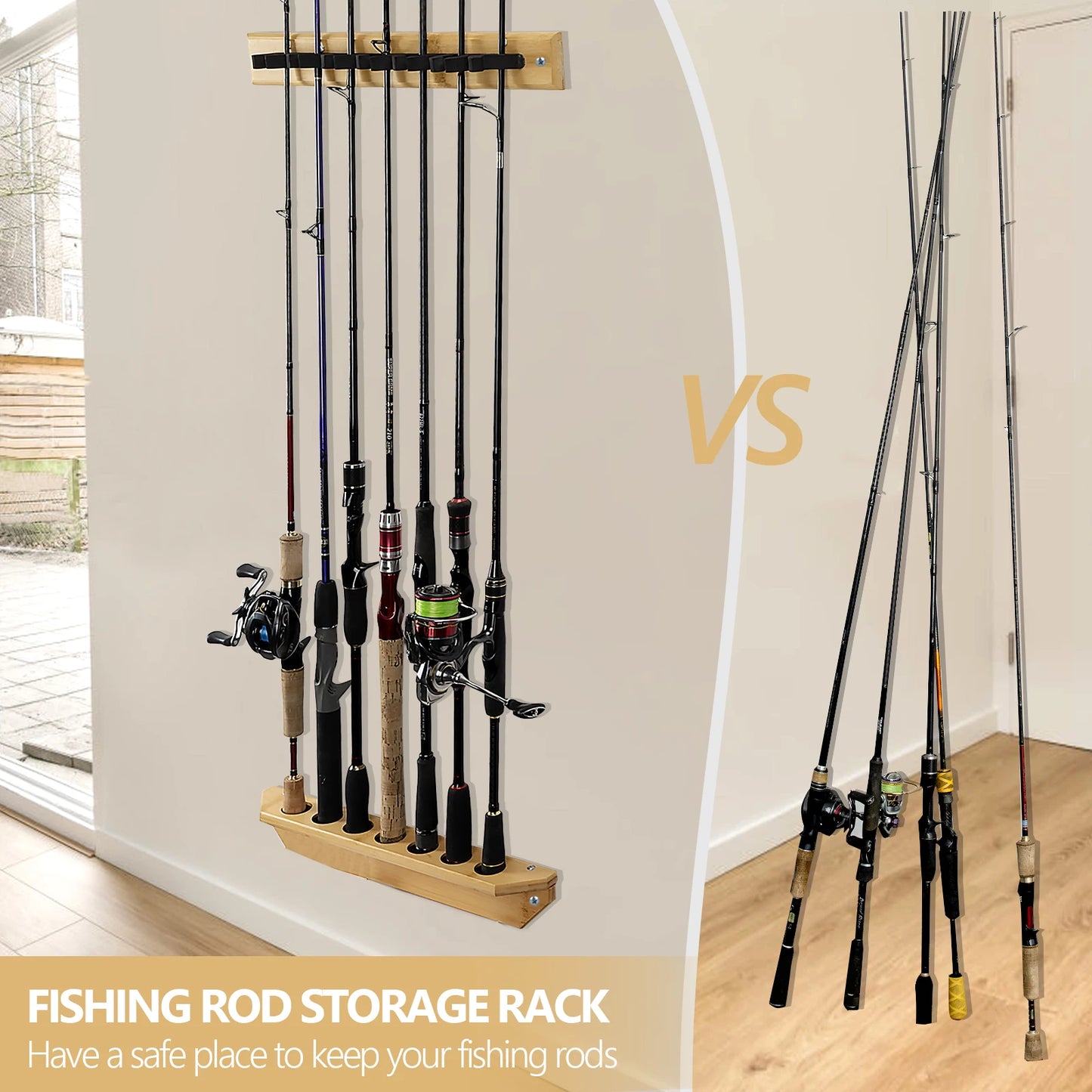 1 Pair Fishing Rod Racks Fishing Rod Holders for Garage Wood Fishing Pole Wall Rack 7-Hole Fishing Rod Combos