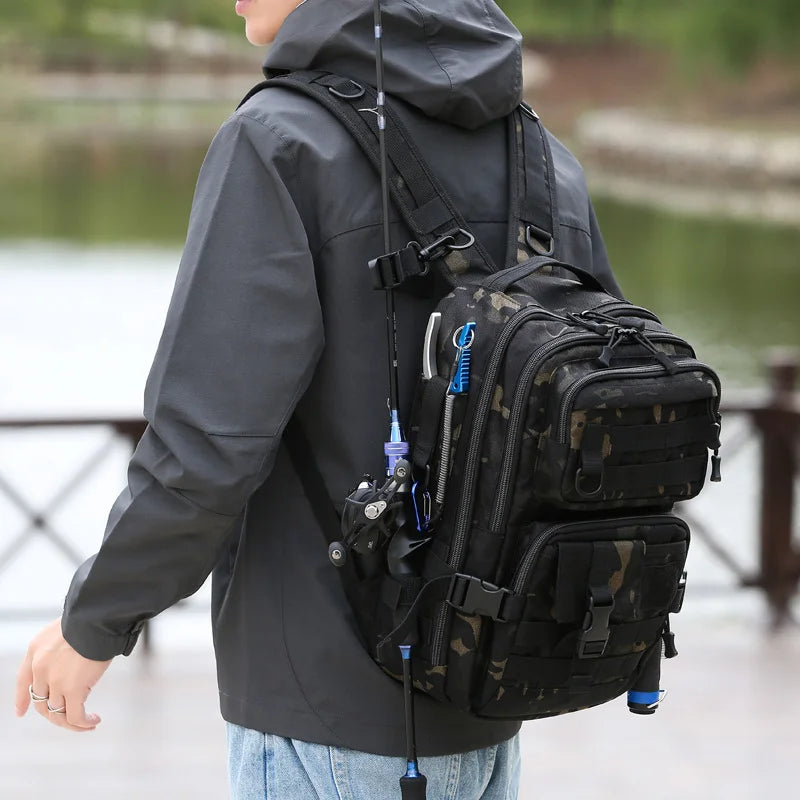 1000D Nylon Waterproof Fishing Backpack Fishing Tackle Storage Bag Double Shoulder Sling Bag for Outdoor Fishing Hunting Hiking