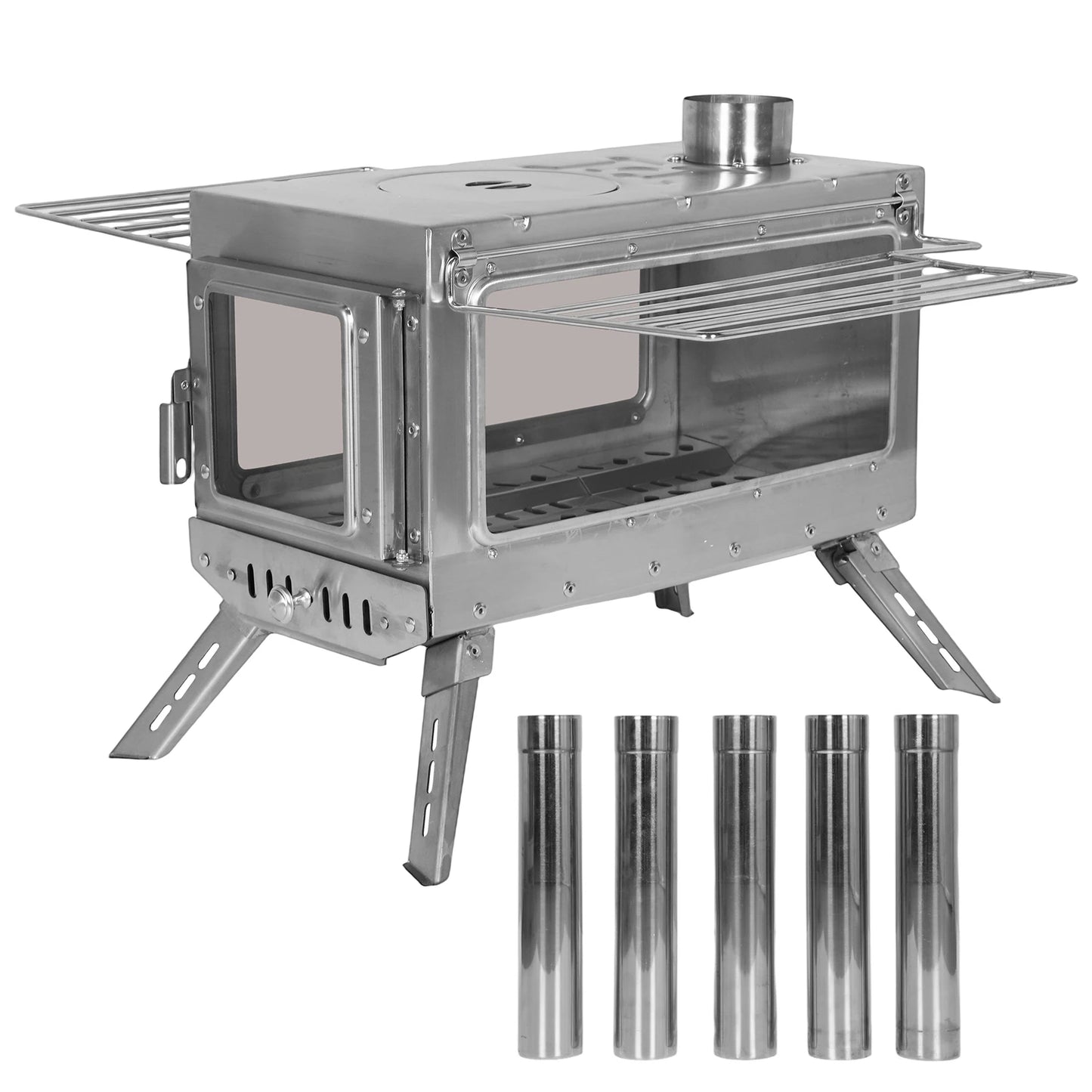 Large Tent Wood Stove with Full Chimney Pipe Set 304 Stainless Steel Fire Viewing Stove for Camping Tents Shelters Outdoor Heat