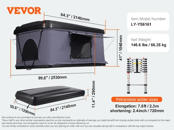 Rooftop Tent Hard Shell Roof Top with Telescopic Ladder Thick Mattress Waterproof Windproof for Jeep Van Pickup Truck