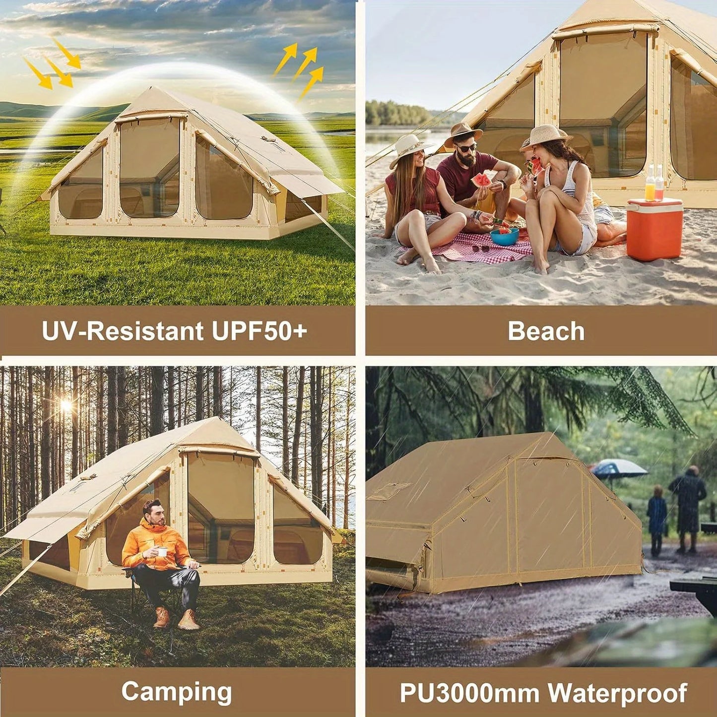 Inflatable tent camping for 1-6 people, hand pump with skylight and chimney waterproof oxford cloth all