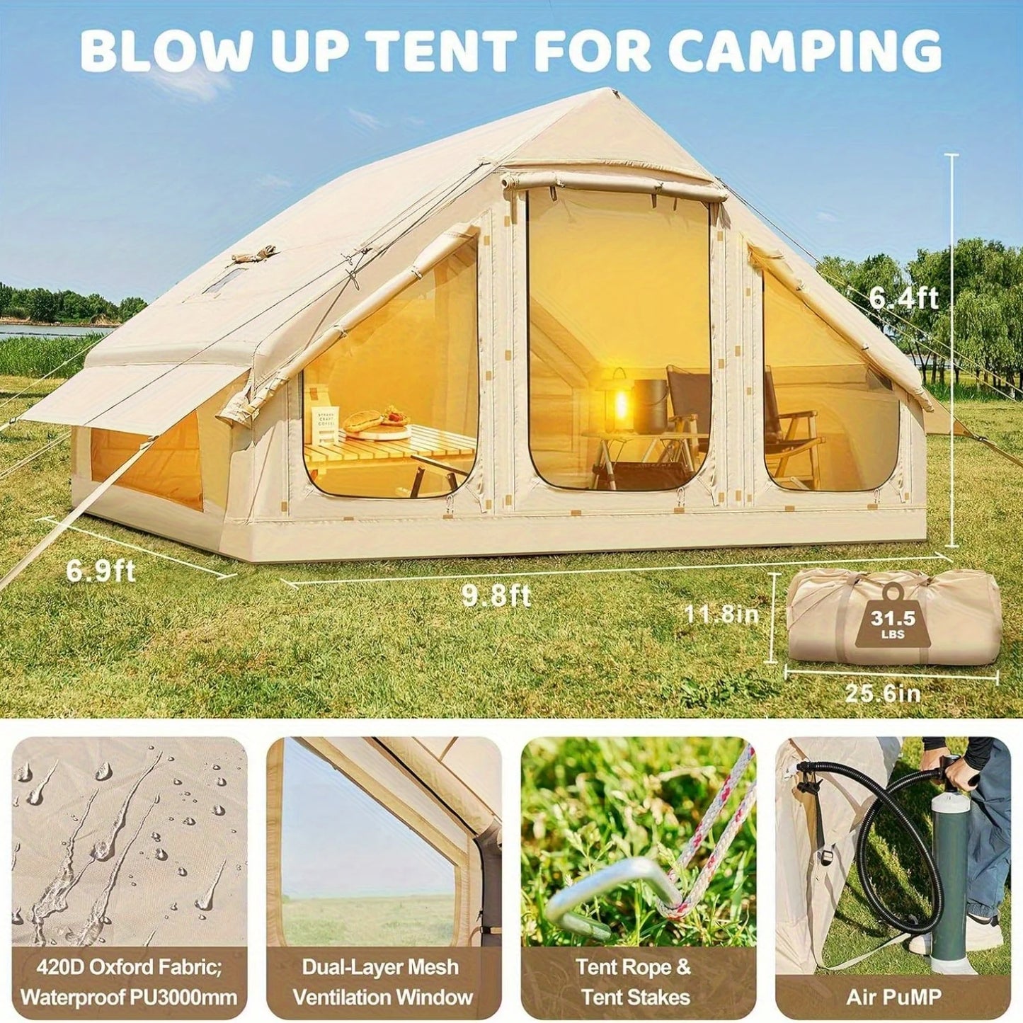 Inflatable tent camping for 1-6 people, hand pump with skylight and chimney waterproof oxford cloth all