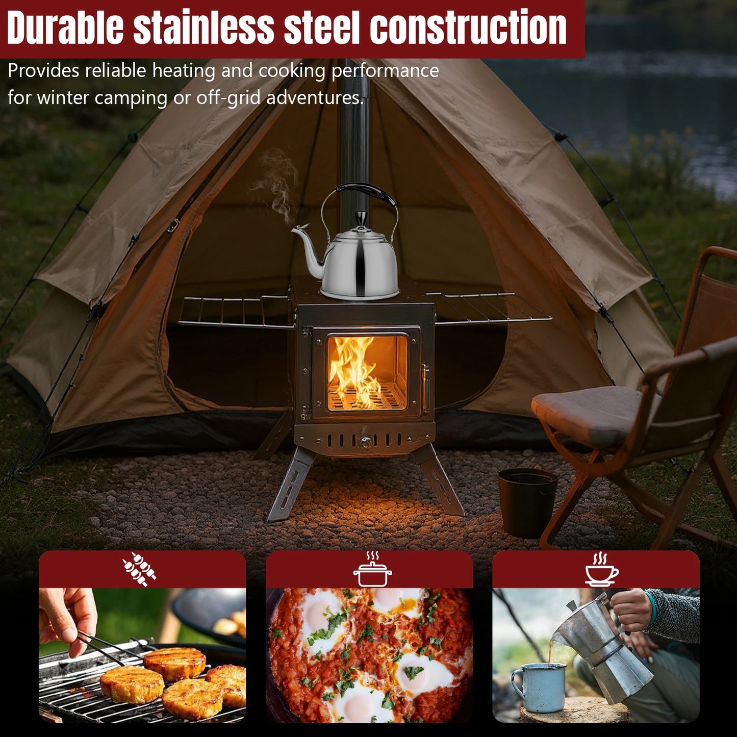 Large Tent Wood Stove with Full Chimney Pipe Set 304 Stainless Steel Fire Viewing Stove for Camping Tents Shelters Outdoor Heat