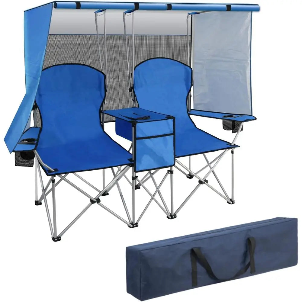 Double Camping Chair, Two Person Folding Loveseat with Shade, Heavy Duty Beach Chair with Cooler Bag, Cup Holder, Fishing, Sport