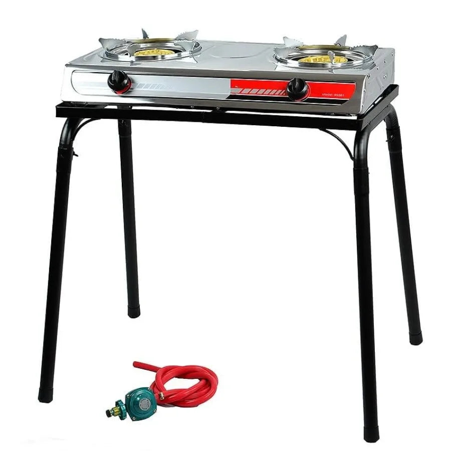 Outdoor Propane Range with Double Burner and Detachable Legs for Camping Picnic Cookout 25516 BTU Black Steel Frame Durable Con