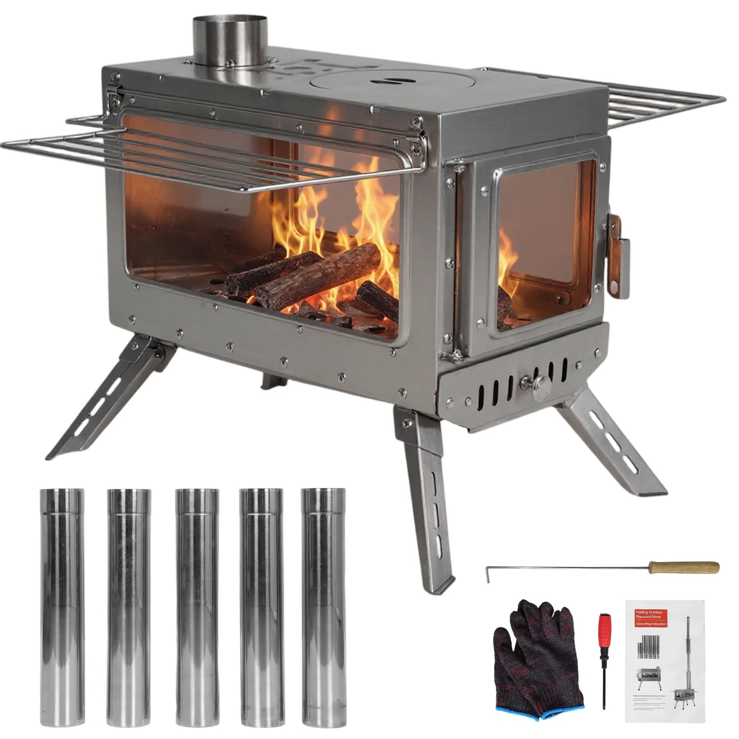Large Tent Wood Stove with Full Chimney Pipe Set 304 Stainless Steel Fire Viewing Stove for Camping Tents Shelters Outdoor Heat