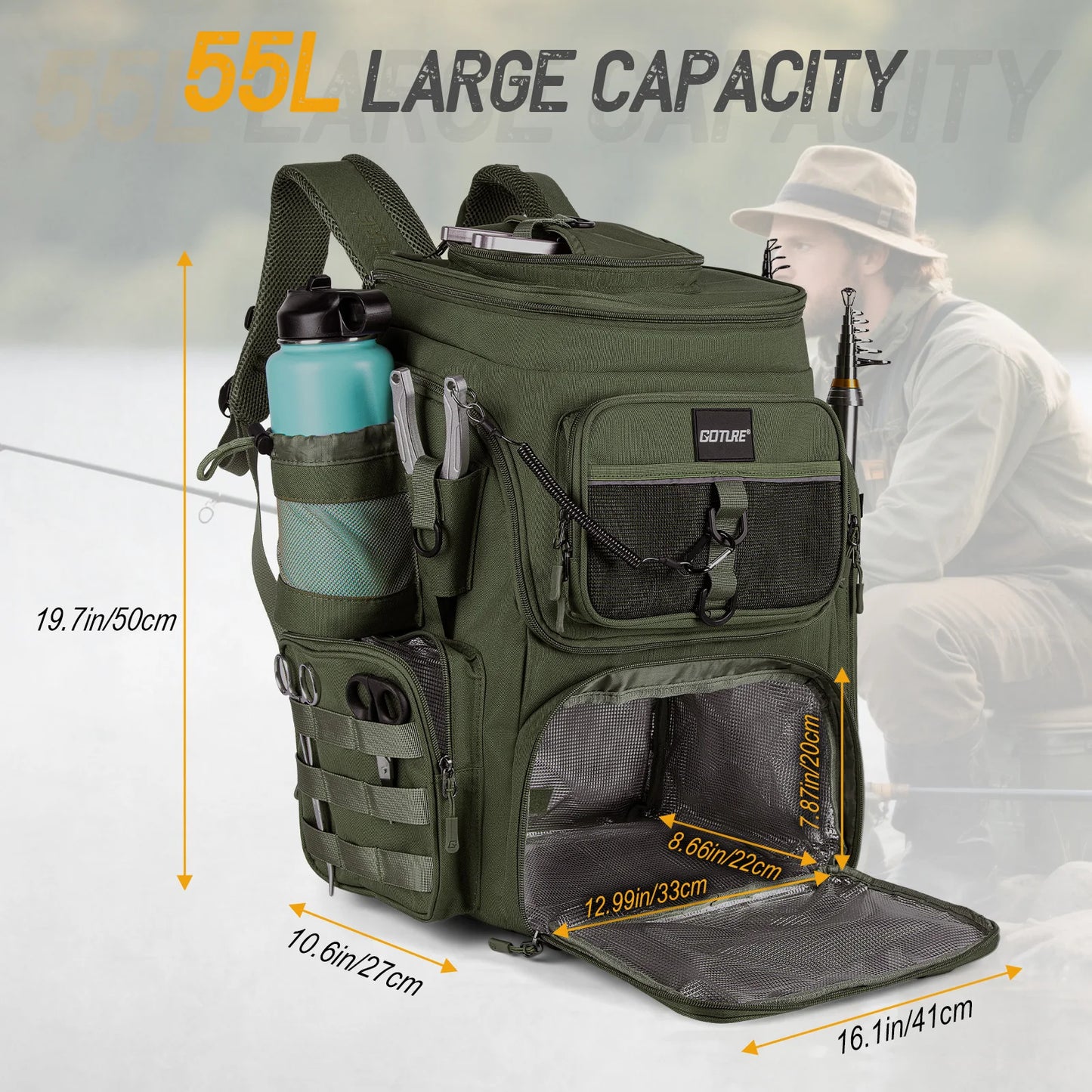 55L Large Fishing Backpack, Waterproof Non-Slip Bottom, Adjustable Compartment Rod Holders for Professional Anglers