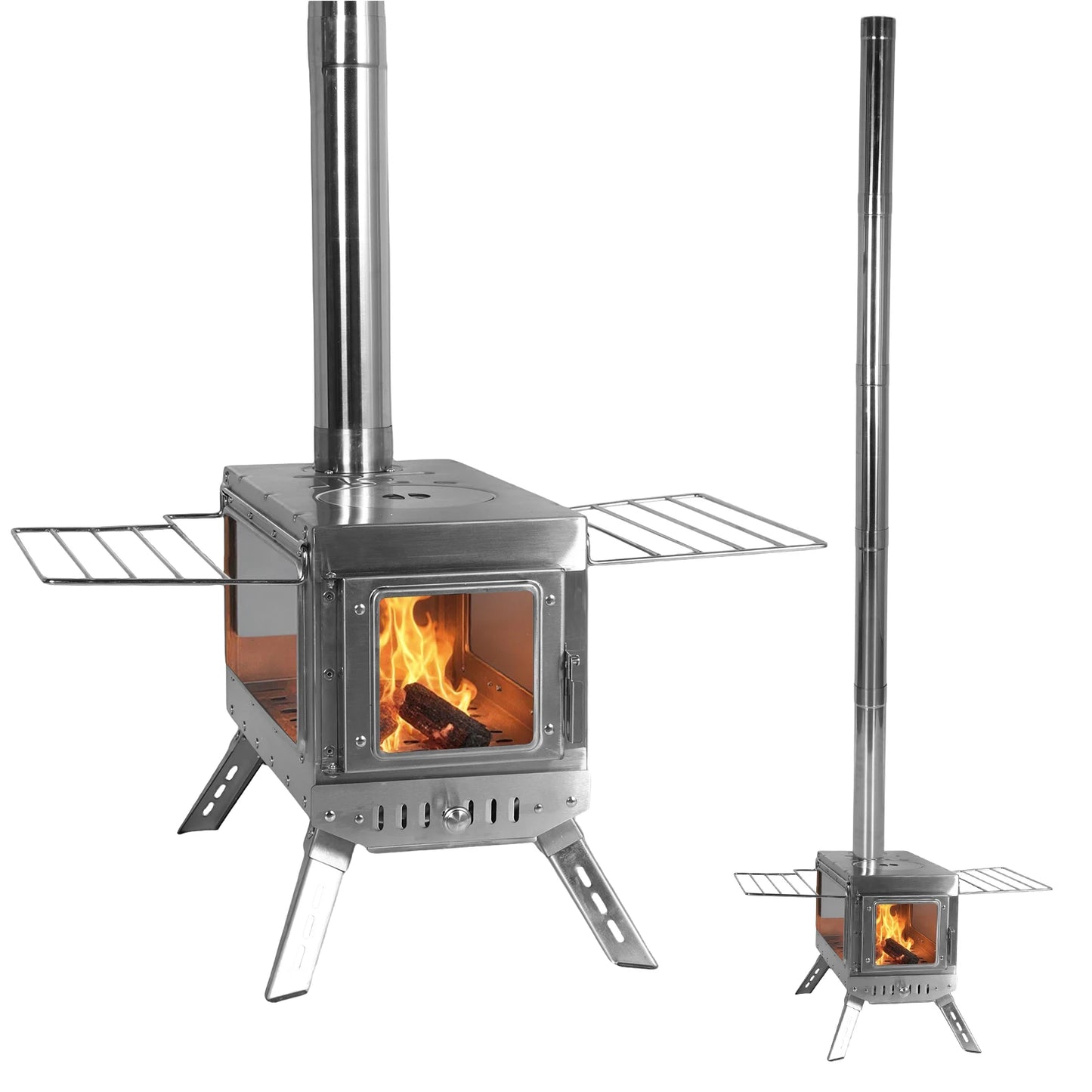 Large Tent Wood Stove with Full Chimney Pipe Set 304 Stainless Steel Fire Viewing Stove for Camping Tents Shelters Outdoor Heat