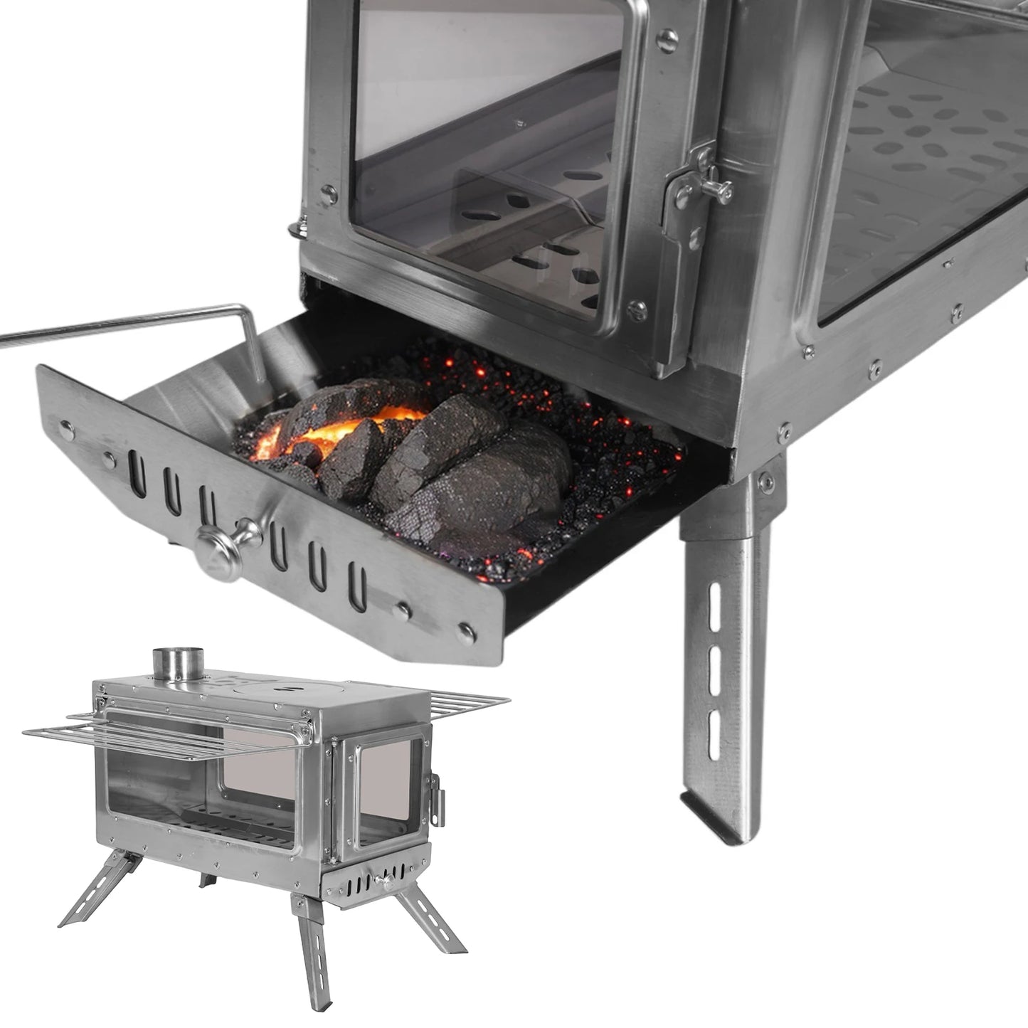 Large Tent Wood Stove with Full Chimney Pipe Set 304 Stainless Steel Fire Viewing Stove for Camping Tents Shelters Outdoor Heat