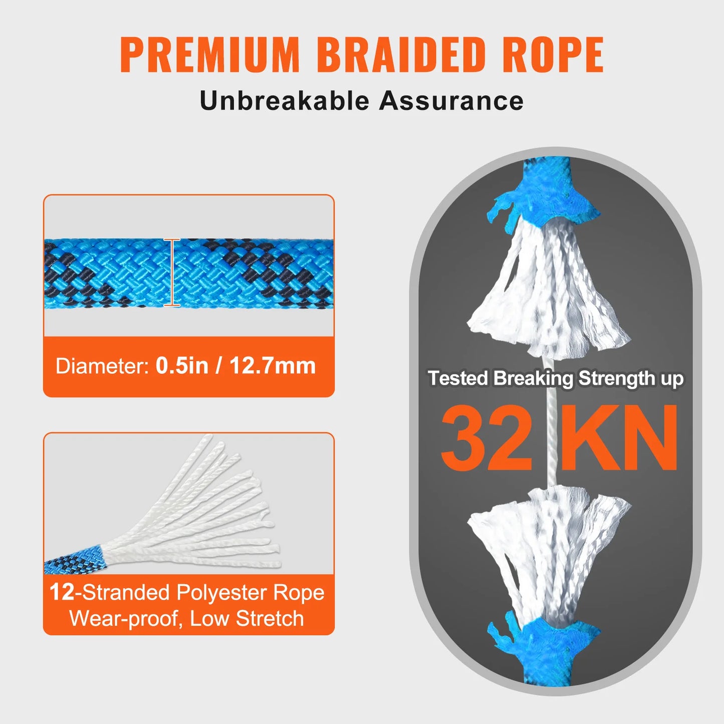 12.7mm Static Climbing Rope 150/200 ft Outdoor Climbing Rope 30KN Breaking Tension Fiber Rope w/ Steel Snap Hooks