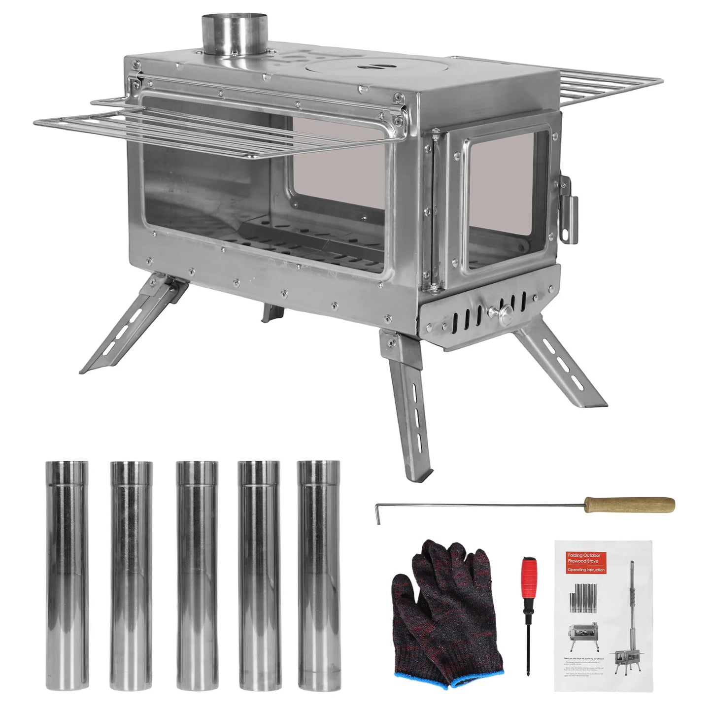 Large Tent Wood Stove with Full Chimney Pipe Set 304 Stainless Steel Fire Viewing Stove for Camping Tents Shelters Outdoor Heat