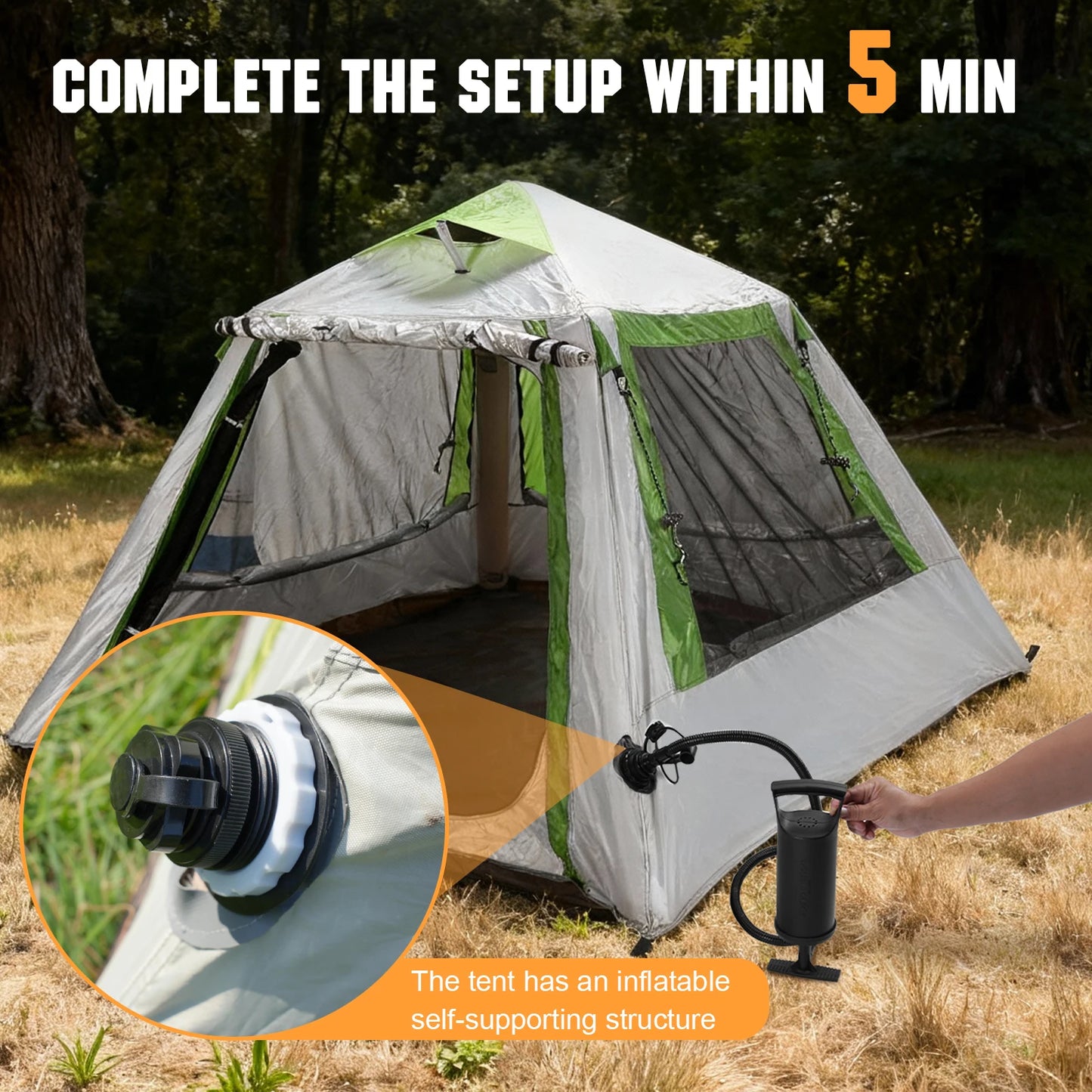 Camping Tent for 2 To 3 Persons Easy Setup Inflatable House Tent Oxford Waterproof with Mesh Windows for Backpacking and Hiking