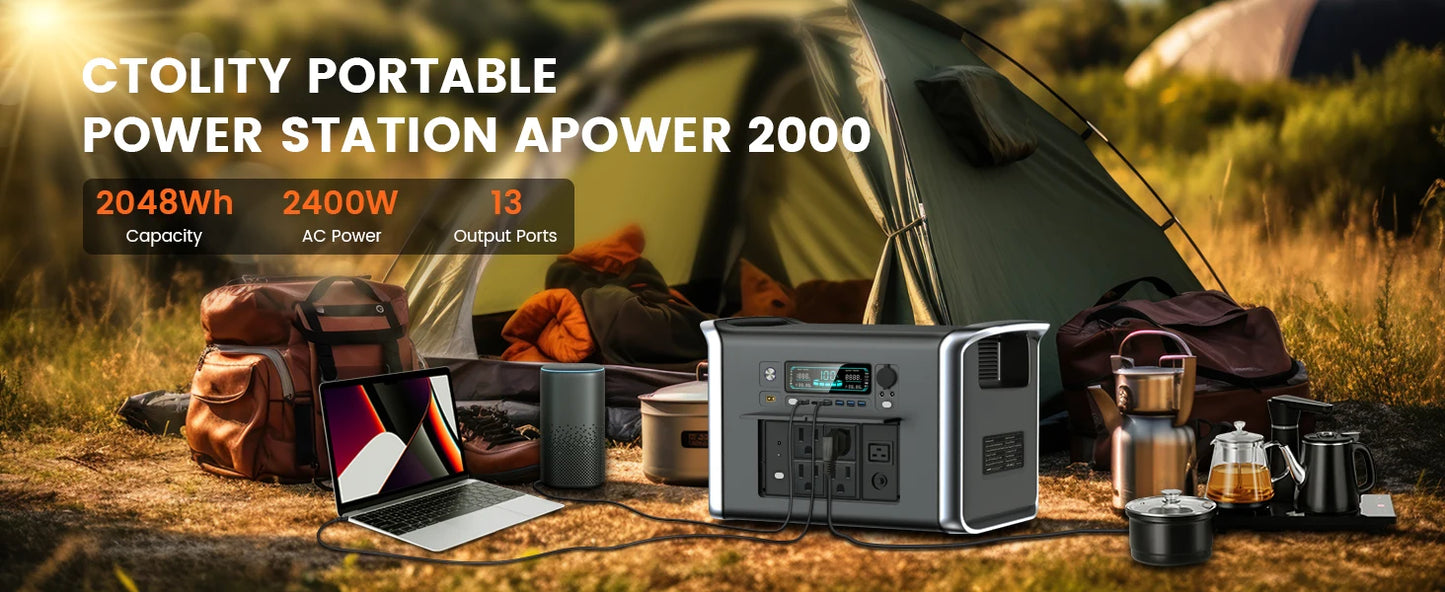 2400W Camping Power Station 2048Wh Lifepo4 1600W 110V AC Output Portable Solar Generator 200W 20.5V Flexible Solar Panel