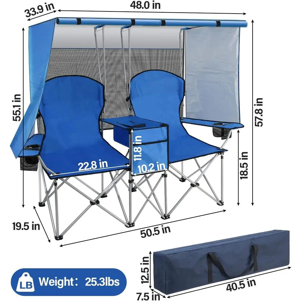 Double Camping Chair, Two Person Folding Loveseat with Shade, Heavy Duty Beach Chair with Cooler Bag, Cup Holder, Fishing, Sport