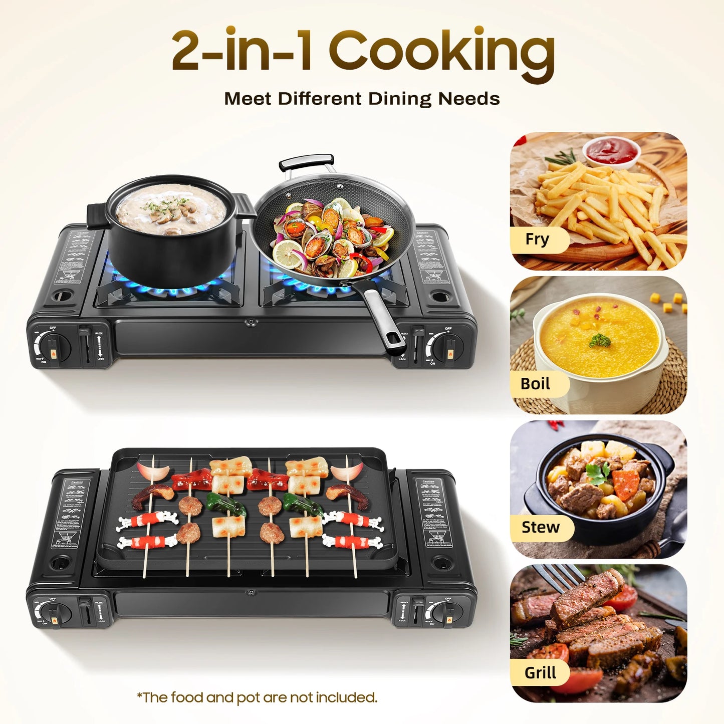 2500W Portable Camping Stove 2 Burners Camping Stove with Baking Tray&Portable Case use  Butane or LPG Home Application Outdoor