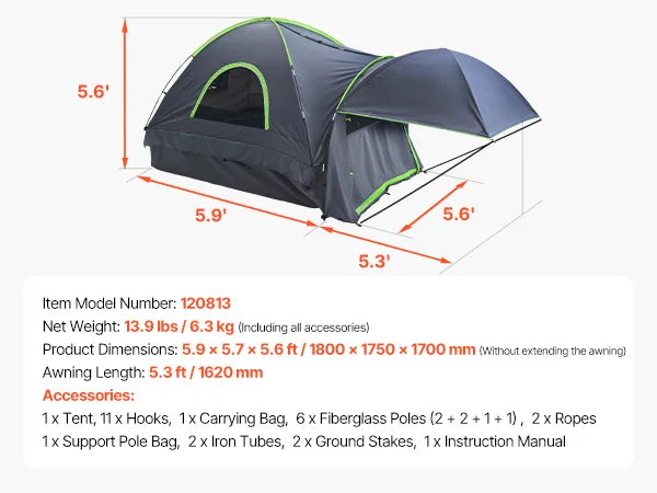 Pickup Truck Tent for Camping Waterproof PU2000 2-3 Person Truck Bed with Expandable Awning