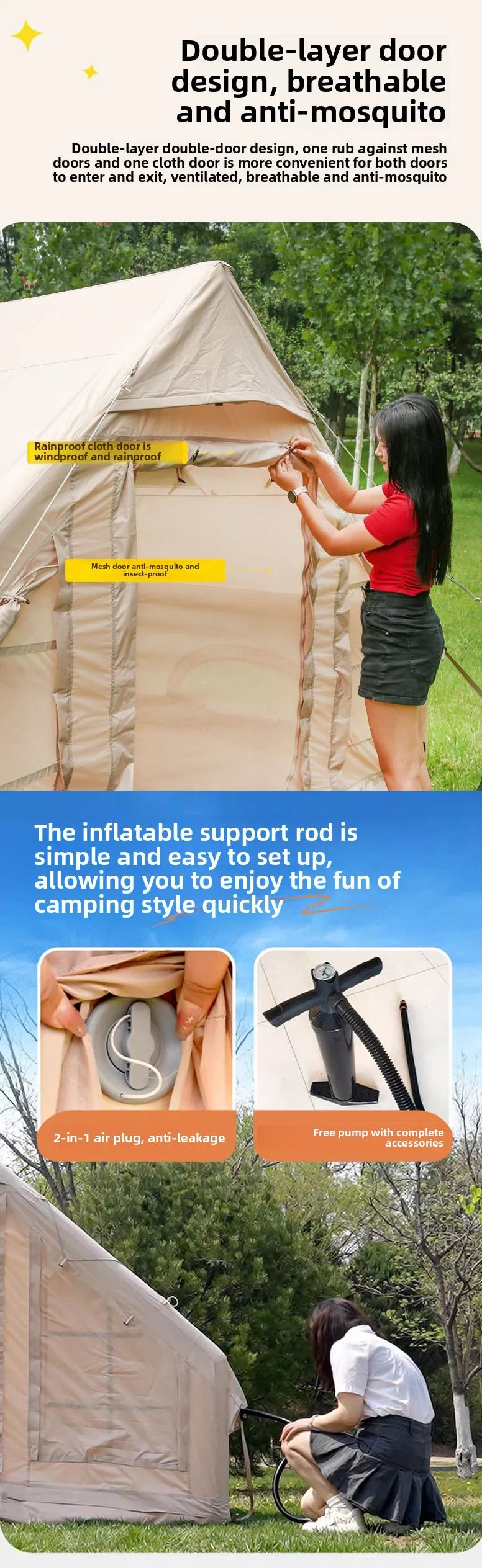 Inflatable tent camping for 1-6 people, hand pump with skylight and chimney waterproof oxford cloth all