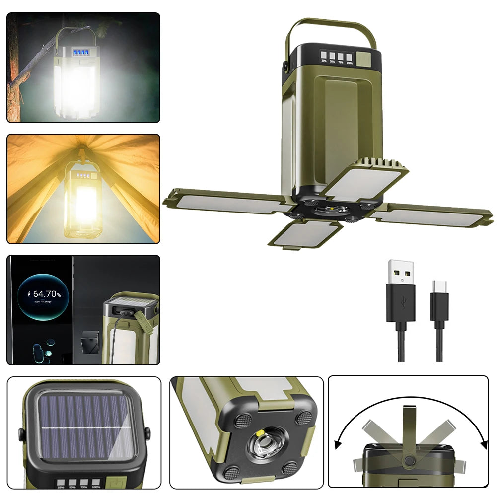 Foldable Camping Light Power Bank Rechargeable Lantern Solar Camping Lantern Portable Flashlight for Camping Hiking Fishing
